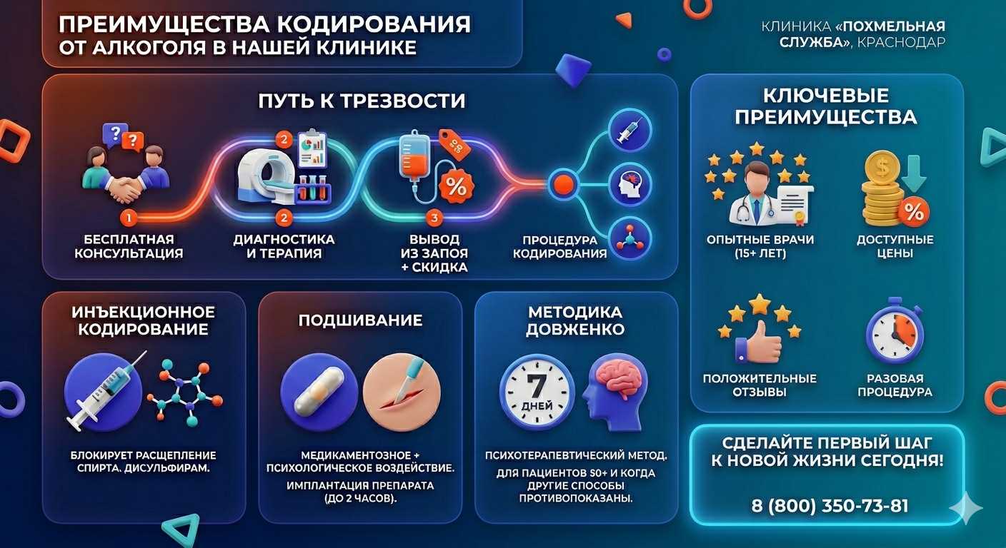 Инфографика о методах кодирования от алкоголя в Лениногорске: инъекции, подшивание, метод Довженко. Преимущества клиники и этапы лечения.