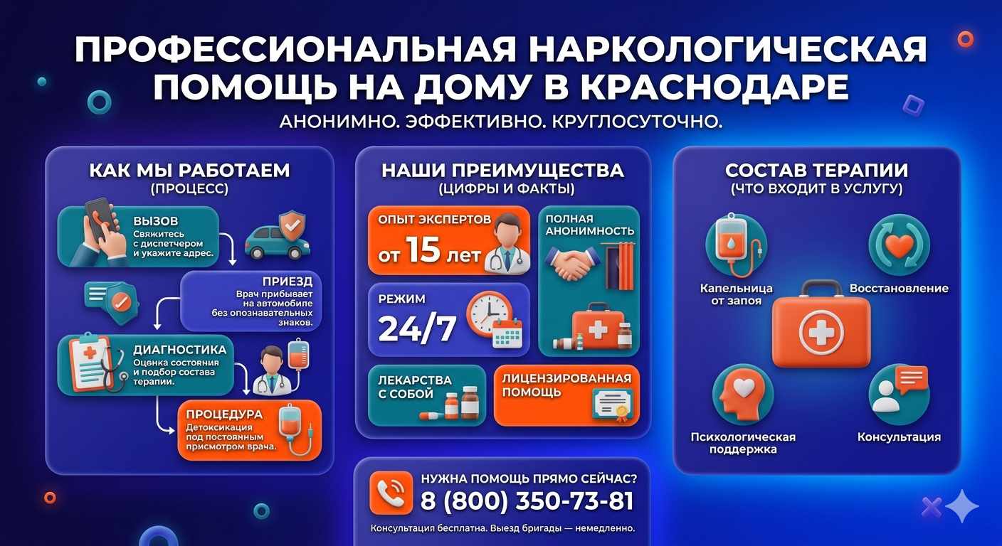 Инфографика о принципах лечения алкоголизма на дому в Лениногорске: этапы вызова нарколога, преимущества анонимной детоксикации и состав медицинской помощи.